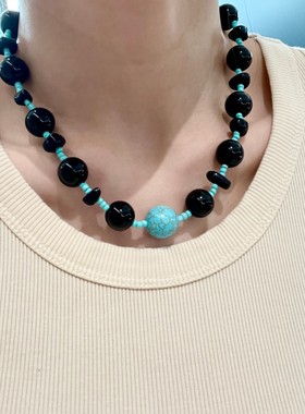 显白蓝绿松石串珠项链女新中式复古黑色串珠锁骨链复古混搭毛衣链