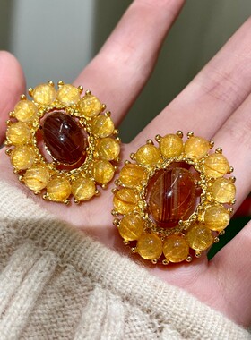 美拉德复古新款橘黄色花瓣耳环女时尚设计椭圆形水晶耳钉中古耳饰