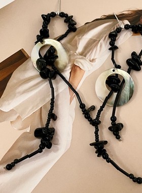 新款复古气质个性手作贝壳黑色系串珠流苏耳环新娘婚纱礼服耳饰女
