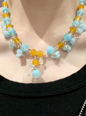 蓝色碎石串珠项链小众高级感黄色水晶撞色拼接锁骨链女轻奢毛衣链