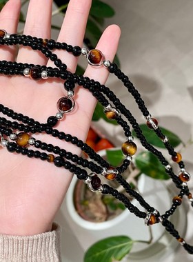 秋冬新款虎眼石串珠多层叠戴项链女长款黑色水晶锁骨链轻奢毛衣链