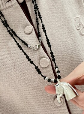 欧美中古黑色水晶串珠银色马头吊坠长款项链女叠戴多层颈链毛衣链