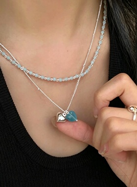 夏天清冷清新蓝色爱心串珠项链小众设计感双层叠戴颈链配饰锁骨链