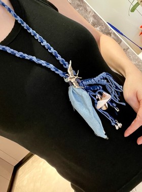 博主同款长款毛衣链飞鸟蓝色编绳牛仔布流苏锁骨链小众高级感配饰