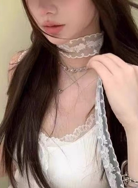 白色蕾丝网纱刺绣花朵窄围巾韩国ins配饰细长高级感百搭围脖夏女