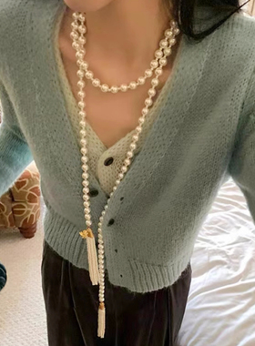 流苏珍珠项链女小香风新中式国风斜跨秋冬毛衣链腰链长款毛衣链潮