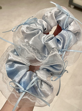 蓝色仿真丝缎面蝴蝶结大肠发圈少女扎头发丸子头蕾丝花边皮筋发绳