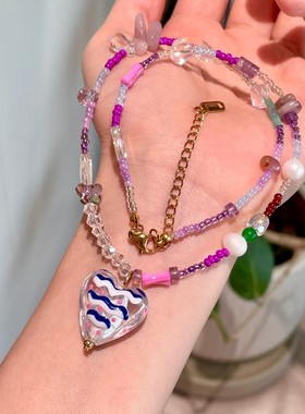 多巴胺粉紫色爱心琉璃项链手工彩绘串珠锁骨链彩色水晶颈链毛衣链