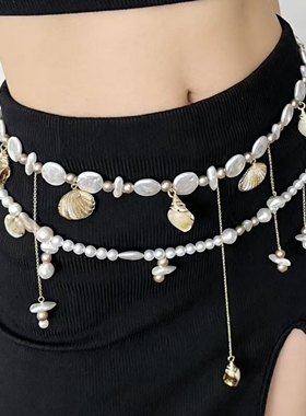 双层叠戴贝壳流苏珍珠腰链女腰带两用身体链小香风项链潮海的旋律