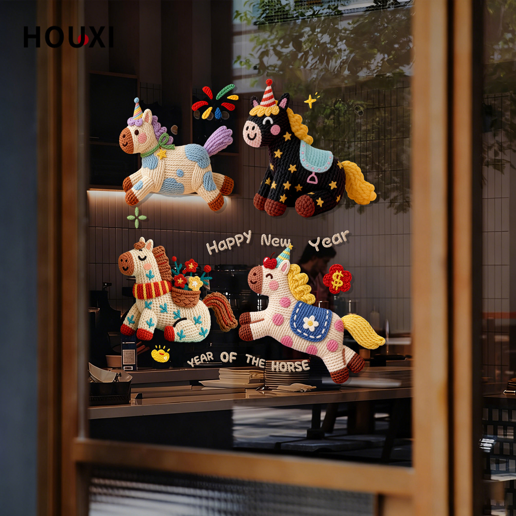 2026新年卡通小马门贴彩色仿布艺可爱装饰贴纸平面打印玻璃门窗贴,淘宝优惠券,粉丝福利购,淘宝优惠卷