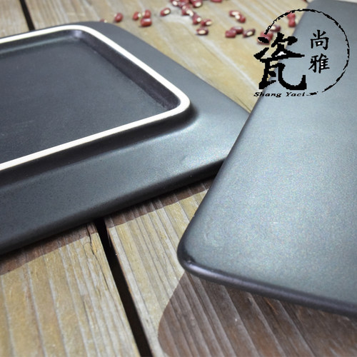 哑光黑色陶瓷盘长方正方圆形平板盘西餐盘甜品盘寿司盘蛋糕盘子 - 图1