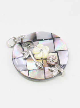 油菜花女贝壳格子拼接吊坠圆天然