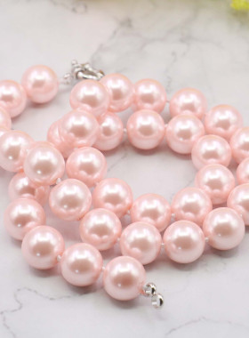 10mm圆珠粉色玻璃珍珠项链 方向盘扣DIY手工串项饰简约大方锁骨链