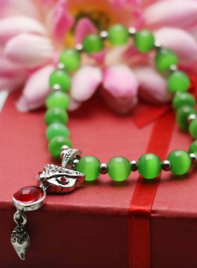 油菜花女猫眼石玉石绿色狐狸手链