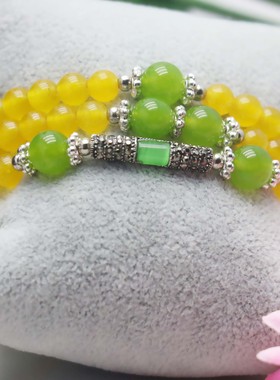 油菜花女玉髓玉石黄绿三圈手链