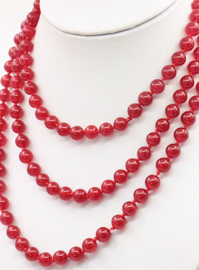 油菜花玉髓玉石圆女长款项链红色