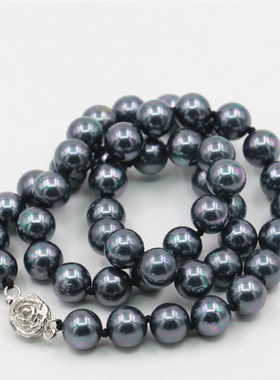 油菜花贝壳珍珠圆珠女黑彩项链