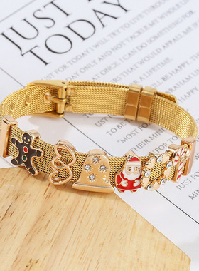 10mm不锈钢手表带姜饼人手链 DIY圣诞老人和铃铛拐杖串珠手链女士