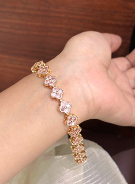 亚马逊新款彩钻粉红四叶草手链小众高级感气质欧美风ins手环手镯