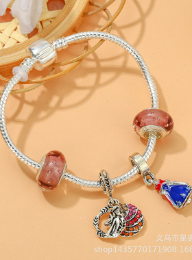 公主和连衣裙吊坠魅力手链女 DIY玻璃珠和合金镀银串珠手链潘家