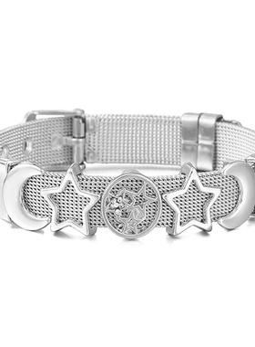 新款不锈钢手表链式手链 10mm星星月亮珠子组合手链