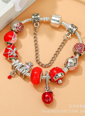 红色苹果和草莓魅力手链女 DIY猫咪和MOM串珠合金手链欧美时尚