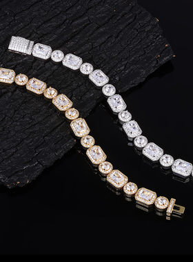 欧美10mm方圆混镶冰糖链跨境男女款潮人翻盖扣锆石手链配饰批发