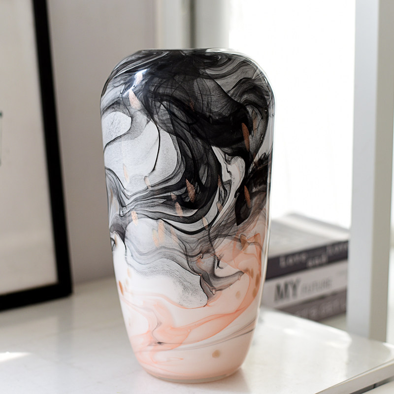 现代轻奢水墨画琉璃花瓶艺术摆件玄关餐桌装饰客厅插花花器样板间,淘宝优惠券,粉丝福利购,淘宝优惠卷
