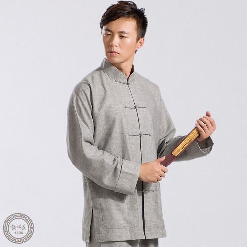 中式唐装男士亚麻春秋长袖单衣中老年民族复古衬衫中国风休闲上衣 - 图0