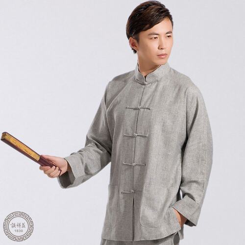 中式唐装男士亚麻春秋长袖单衣中老年民族复古衬衫中国风休闲上衣 - 图3