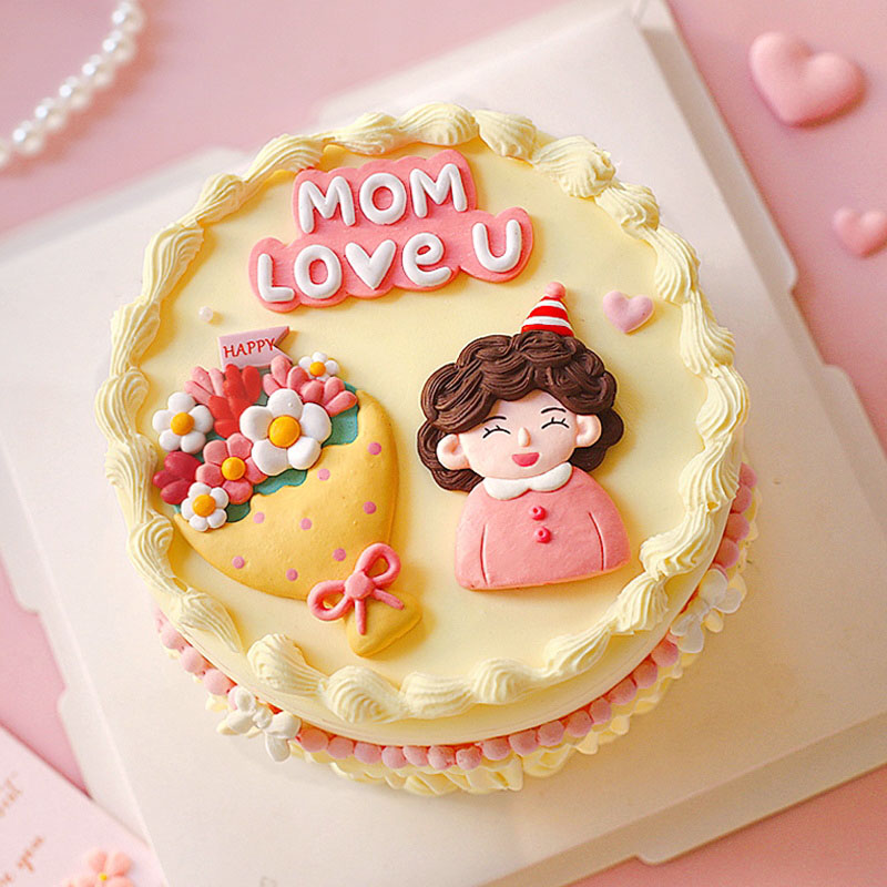 母亲节蛋糕装饰捧花MUM LOVE U卷发微笑妈妈生日蛋糕插牌插件装扮-图2