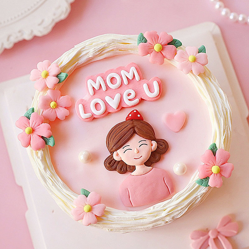 母亲节蛋糕装饰捧花MUM LOVE U卷发微笑妈妈生日蛋糕插牌插件装扮-图1