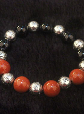 天然红竹石影子石手链 紫冰银结印符六字真言