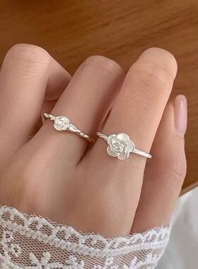 925镀银玫瑰花戒指小众轻奢高级感食指戒女款素圈开口戒