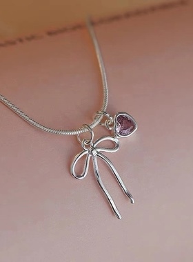 925银甜美粉色爱心蝴蝶结项链女小众个百搭气质高级感颈链锁骨链