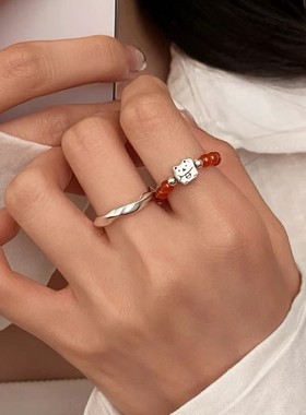 925银红玛瑙招财猫戒指小众素圈开口戒女高级感食指戒