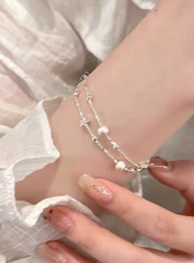 925纯银双层星星手链女2025新款设计小众磨砂圆珠五角星手饰