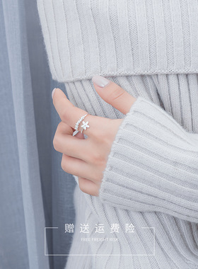 纯银开口花朵森系日韩风学生戒指