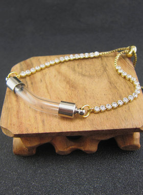 铜质手链可调节长度透明弯管吊坠玻璃瓶放朱砂胎毛香水精油抽拉链