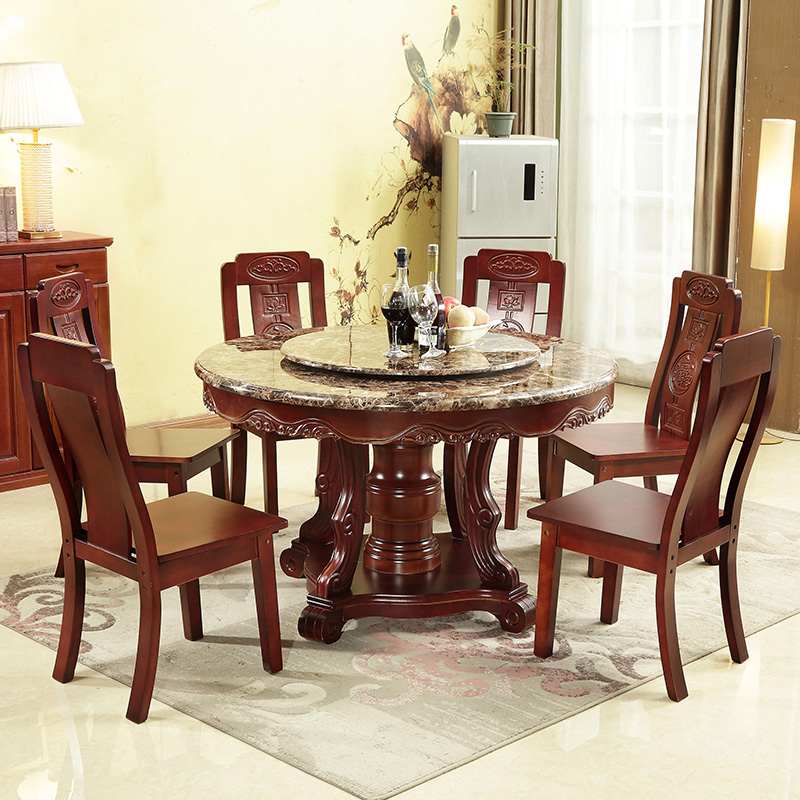 大理石餐桌圆形带转盘中式橡木吃饭桌子家用1.3米实木餐桌椅组合