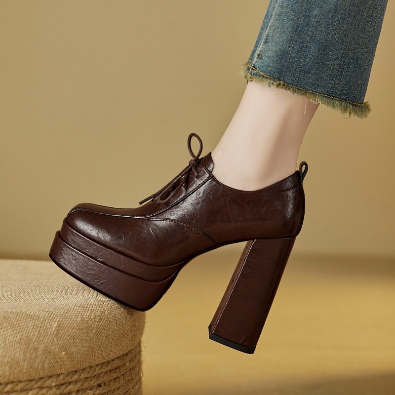 防水台深口超高跟鞋女秋季圆头粗跟小个子厚底不累脚系带单鞋黑色,淘宝优惠券,粉丝福利购,淘宝优惠卷