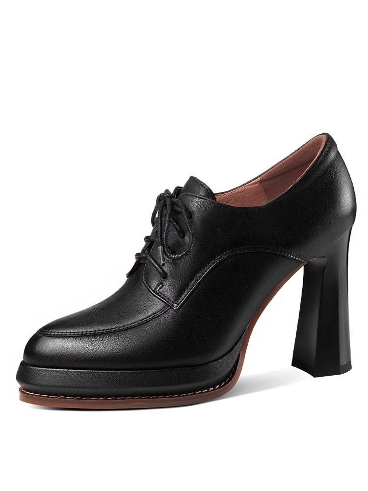 时尚真皮防水台高跟鞋女2025春季新款舒适百搭粗跟系带深口单鞋女,淘宝优惠券,粉丝福利购,淘宝优惠卷