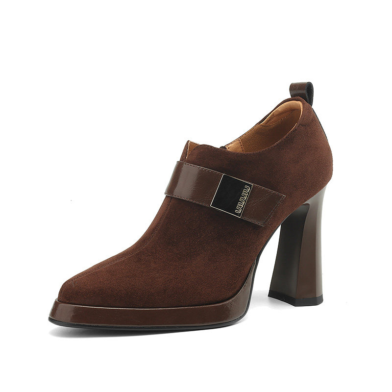 10cm复古尖头粗跟深口单鞋女2025春秋新款磨砂防水台真皮超高跟鞋,淘宝优惠券,粉丝福利购,淘宝优惠卷