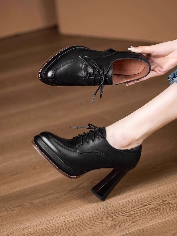 时尚真皮防水台高跟鞋女2025春季新款舒适百搭粗跟系带深口单鞋女,淘宝优惠券,粉丝福利购,淘宝优惠卷