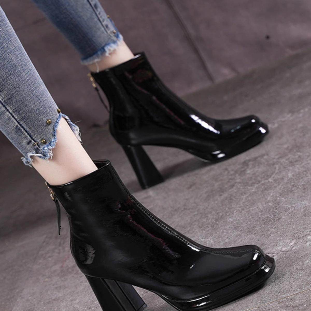 粗跟方头高跟靴2025冬季新款亮皮马丁靴短筒时装靴防水台短靴厚底,淘宝优惠券,粉丝福利购,淘宝优惠卷