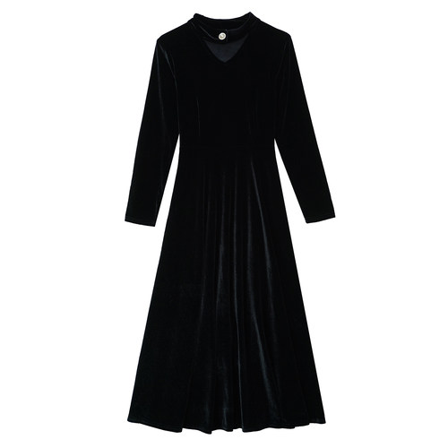 有口袋高档赫本风黑色金丝绒连衣裙秋冬长袖小黑裙打底长款长裙女 - 图3