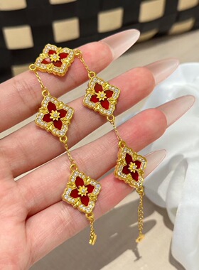 足金999镶钻菱形花朵手链水贝黄金送女朋友礼物2026新款