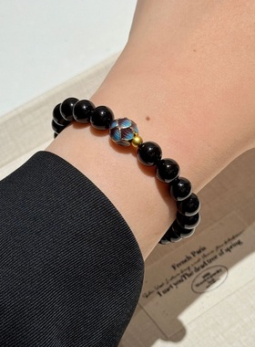 天然黑曜石手串莲花珠手链男女情侣款黑色串珠转运招财