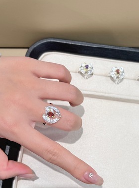 2026新款天然石榴石紫水晶天使羽翼戒指女个性小众时尚百搭食指戒