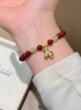 26新款天然红玛瑙拼和田玉元宝小马吊坠串珠手链女高级本命年手串
